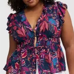 torrid Navy Floral Print Ruffle Sleeve V-Neck Top with Pink and Teal Accents